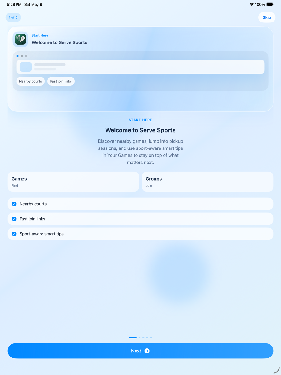 Serve Sports iPad onboarding screen