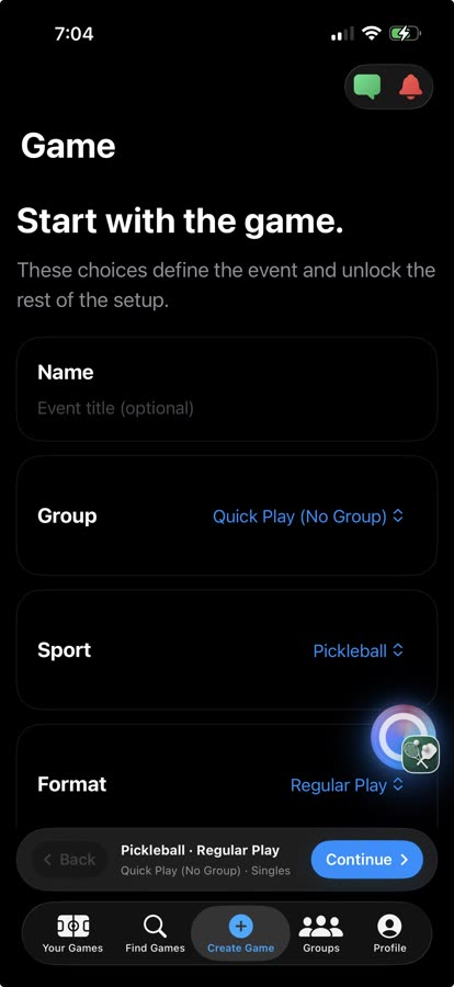 Serve Sports create game setup screen in dark mode