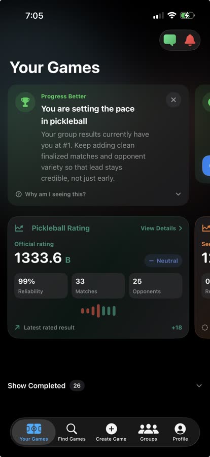Serve Sports Your Games dashboard with rating smart tip